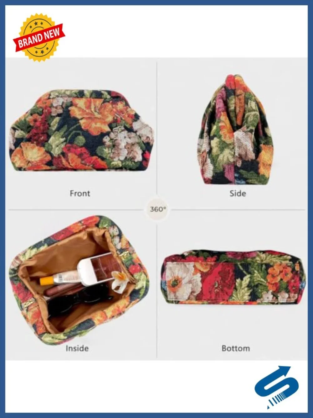 Women's Floral Leather Evening Clutch Purse Kiss Lock Rectangular Wedding Bag